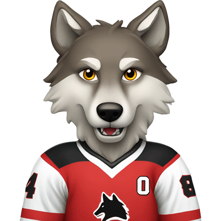 A wolf in a red black and white hockey uniform with a wolf emblem emoji