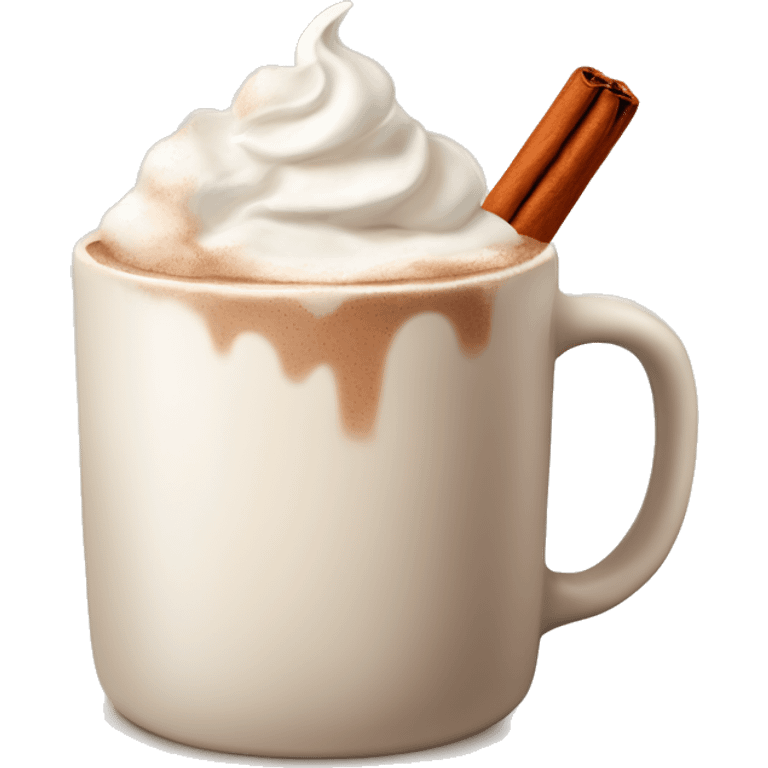 beige mug of hot chocolate with whipped cream and cinnamon emoji