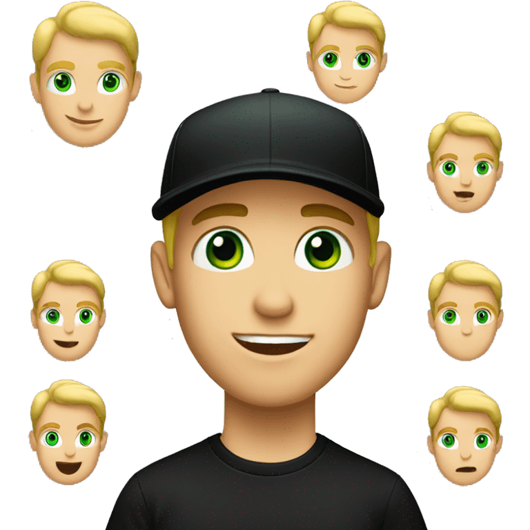 Blonde guy with green eyes and black cap in black t-shirt emoji