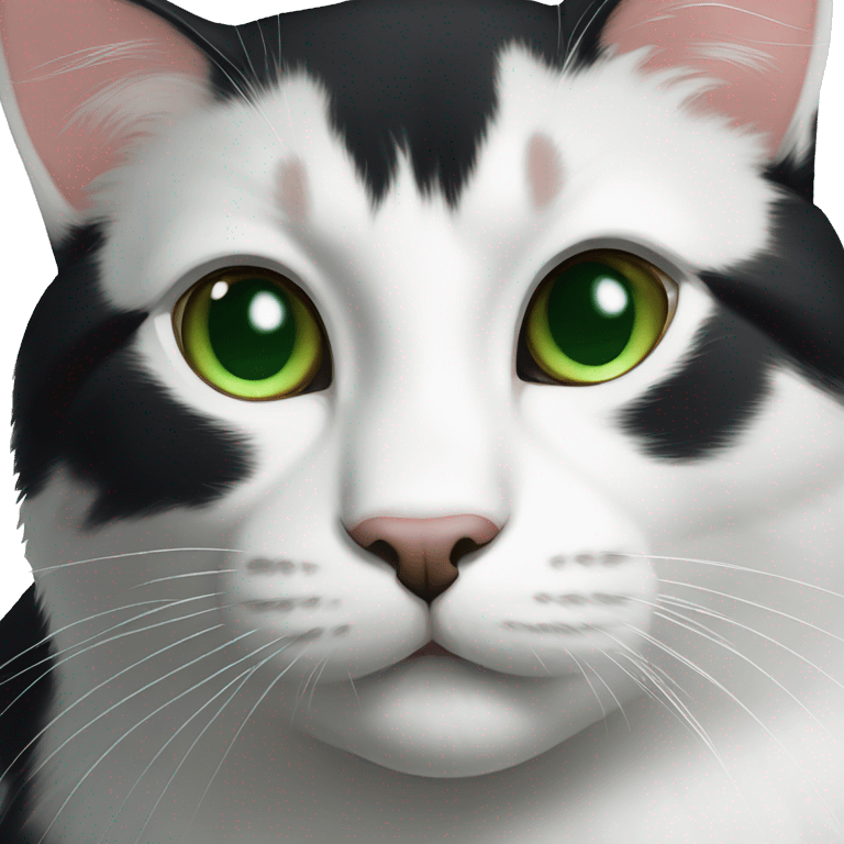 A black cat with green eyes with a white chin, with a thin white stripe on the nose on the right side, with a white breast and white paws emoji