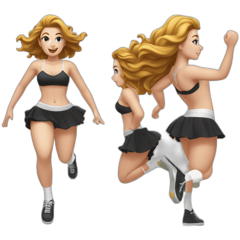 full-body-caucasian-curvy-beauty-jumping-short-black-skirt-back-and-front-views-strong-wind-white-knickers-long-white-socks emoji