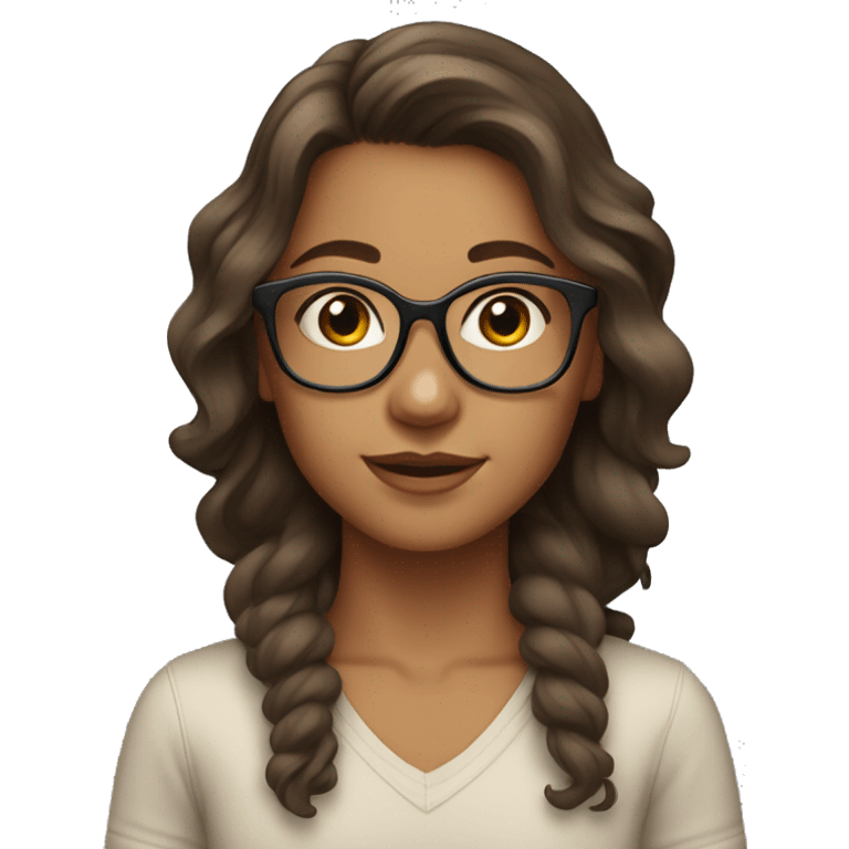 Girl with brown hair and brown eyes and tan skin with clear glasses and wavy hair emoji