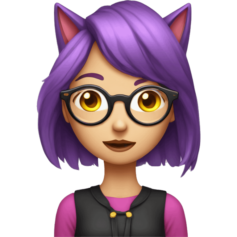 A long purple haired girl with purple fox ears and yellow eyes wearing circular glasses a black collar and pink clothes blushing drooling sweating emoji