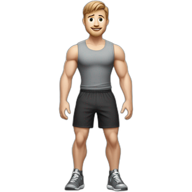 Full height realistic Actively gesturing with hands Pale skinned Fit Man With the biceps and brown hair in dark gray Sleeveless Mike, black oversize sports shorts, watch and white Sneakers emoji