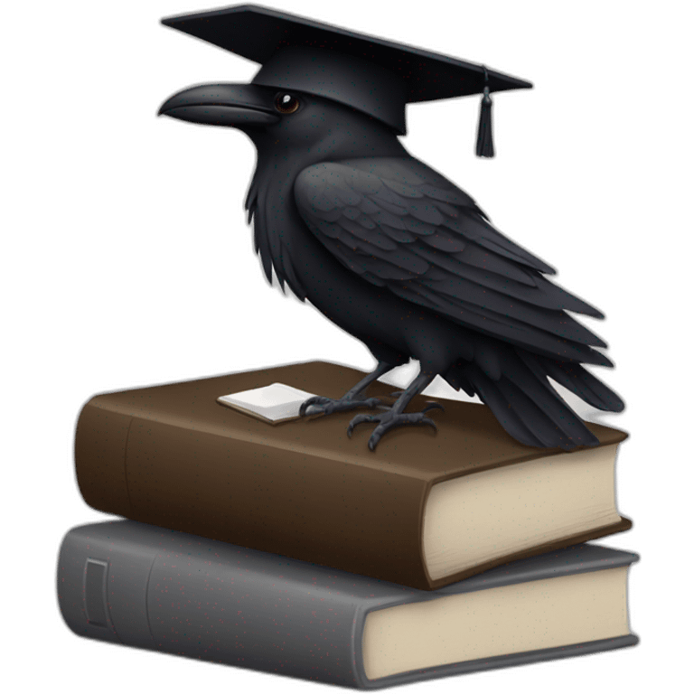 raven in student cap with a stack of gray and brown books emoji