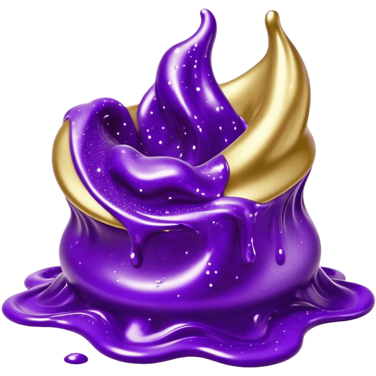 Cinematic Realistic Shiny Slime Mixed with Glitter, thick and glossy with swirling metallic flecks suspended inside, a dynamic mix of deep purple and golden sparkles, light catching every shimmer, flowing smoothly with realistic folds and ripples, glowing with an enchanting, almost liquid-metal effect. emoji