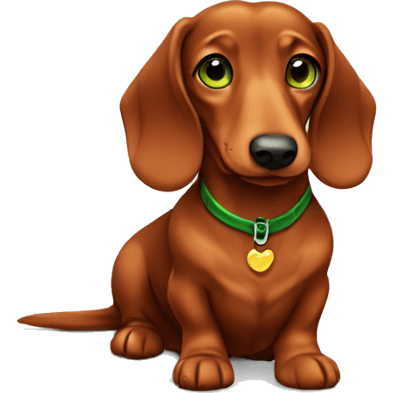 red long haired dachshund sitting with green eyes emoji