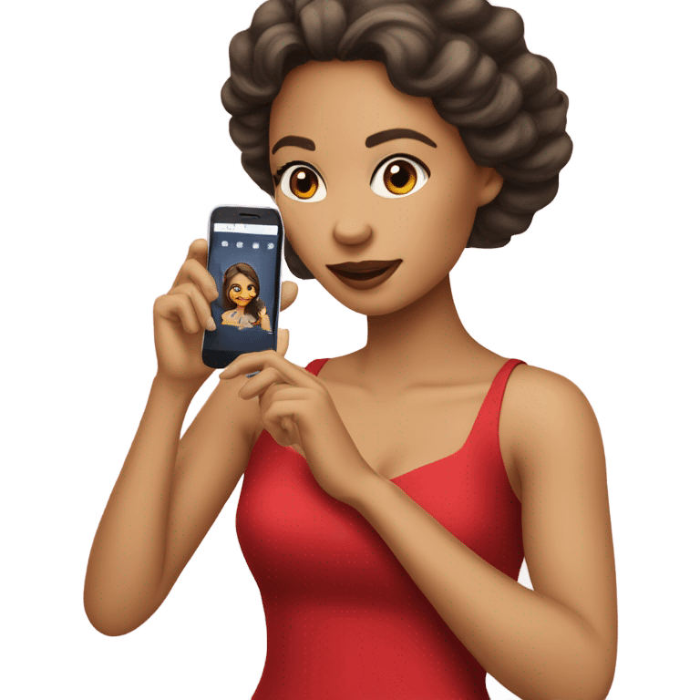 a light skin girl in red dress hold phone emoji