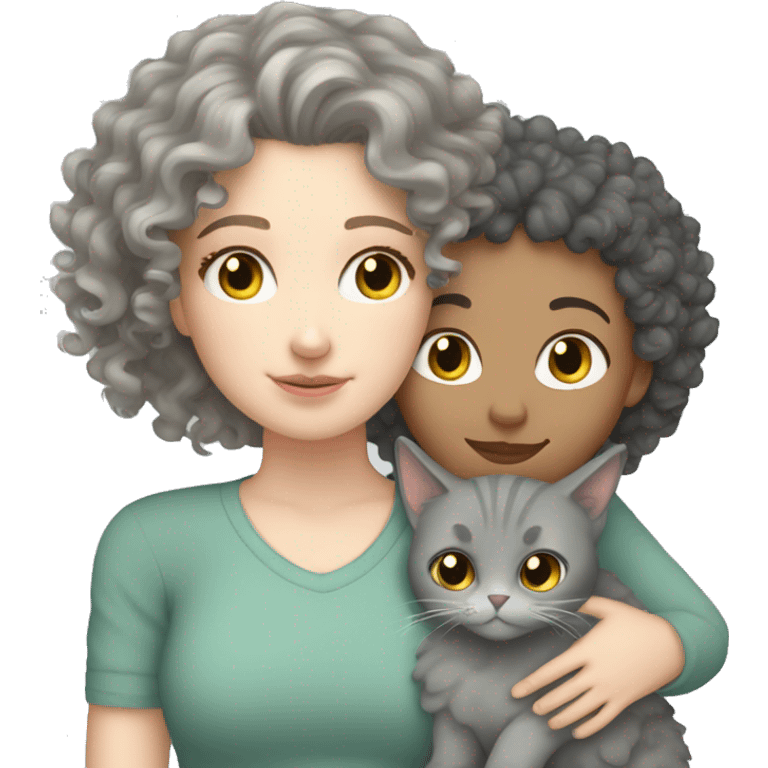 White Girl curly hair cuddling with grey cat emoji