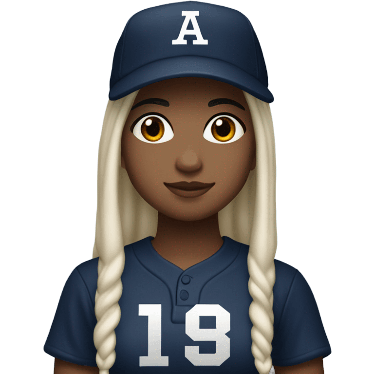 white skin with black long hair girl wearing navy ballcap emblazoned with a red G initial and wearing baseball uniform emoji