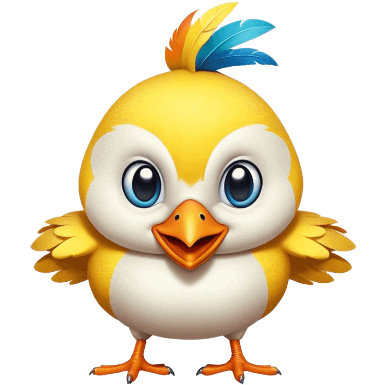 Create a quirky, hilarious, and expressive cartoon bird mascot. The bird should have a playful and mischievous personality, with oversized, goofy eyes and a wide, cheeky grin. Its feathers should be bright and colorful (think tropical or neon shades) to make it visually pop. The design should be sleek and modern, with rounded, soft edges and a slightly exaggerated, chubby body for a cute yet funny look. Give it dynamic, energetic poses—flapping excitedly, side-eyeing like a meme, or looking smugly intelligent. The bird should feel like a digital assistant—friendly, witty, and a little sassy, ready to interact with users in a fun way emoji