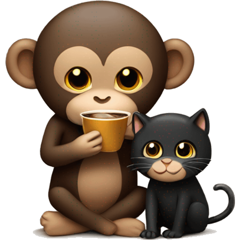 Coffee-colored monkey drinking coffee hugging black cat carrying a cake emoji