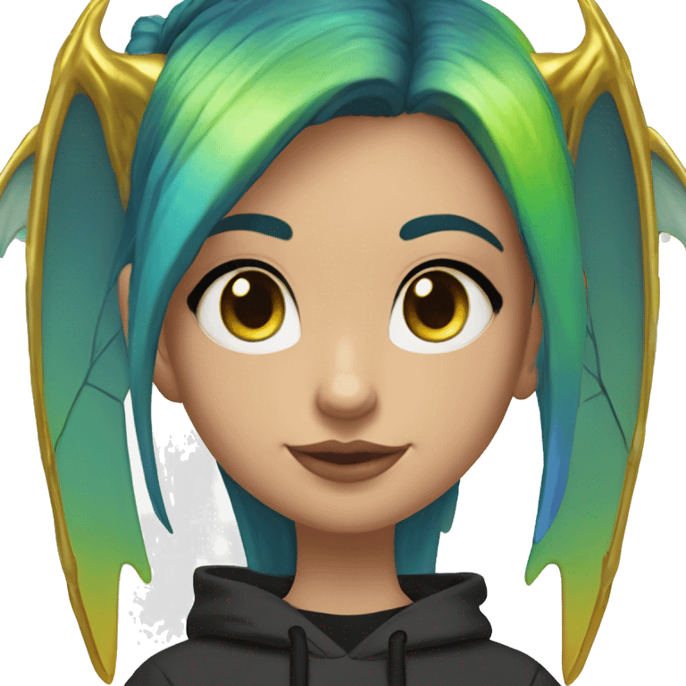 Lady with brunette and iridescent blue hair, gold, lime green dragon wings, black hoodie, oilslick holographic, black and gold Nike t shirt, and bright red eyes emoji