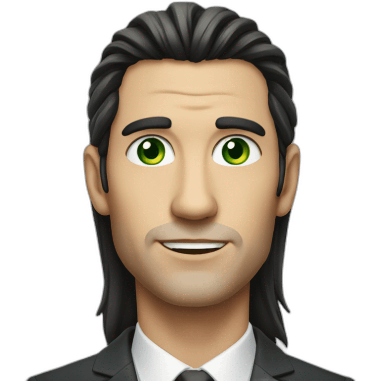 a man with long dark hair in a suit, green eyes emoji