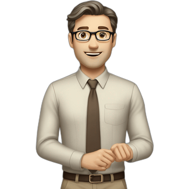 Full height Actively Gesturing Pale skinned fit man with dark brown hair in gray jacket, beige office shirt, brown tie, brown pants and vintage glasses. emoji