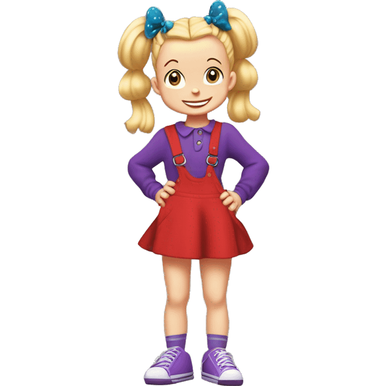 A little blonde girl with pigtails and little purple bows wearing a red long-sleeved shirt and purple overalls skirt with blue tights with green polka dots and purple sneakers, full body, rugrats emoji