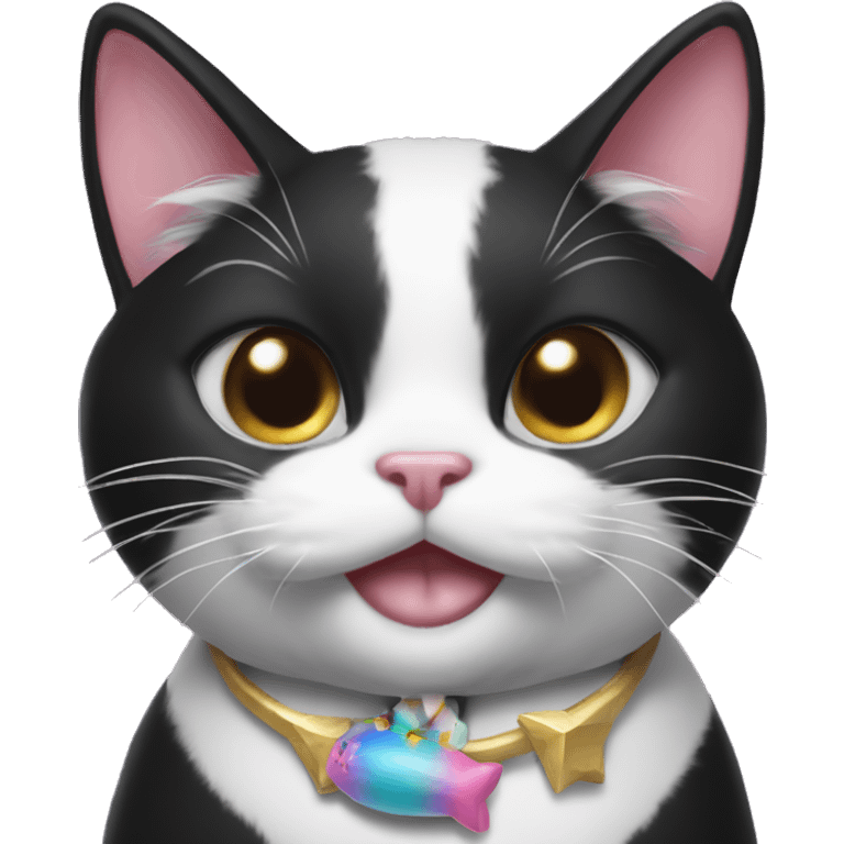 Black and white tuxedo cat with a unicorn toy in her mouth emoji