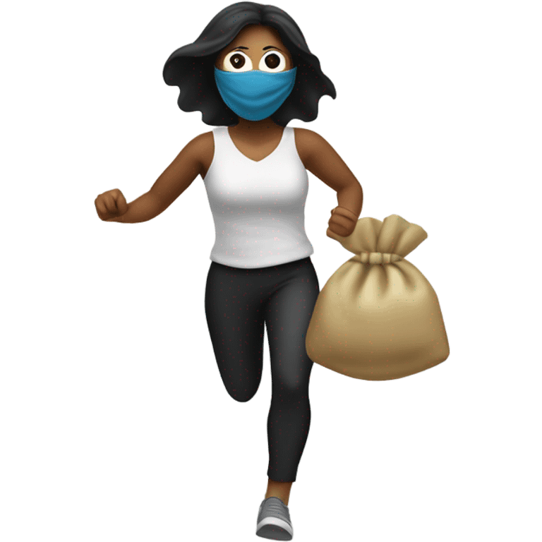 masked woman with money bag over shoulder running emoji