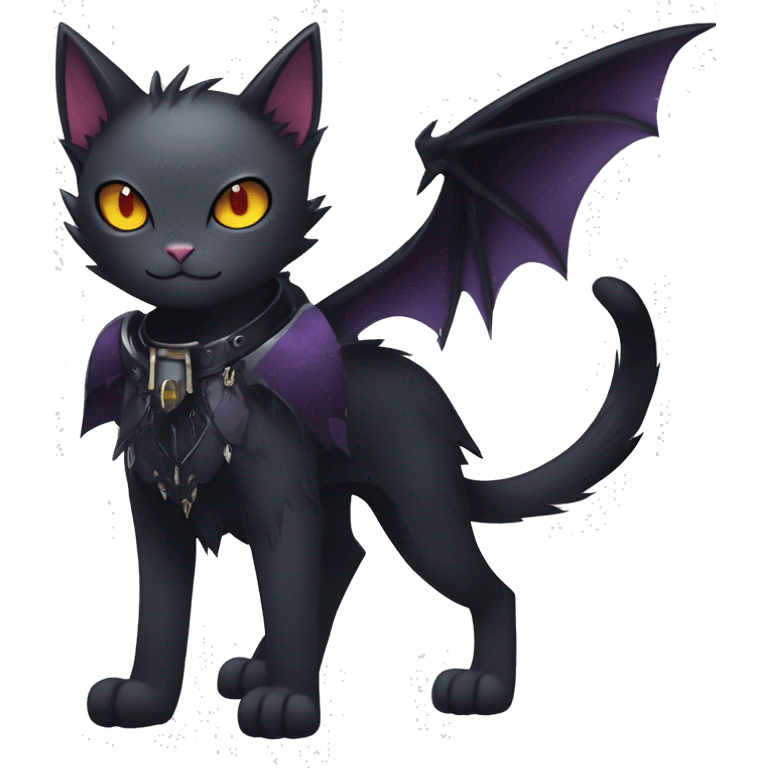   cool edgy beautiful anime-style ethereal dark-punk-themed animal vampiric cat-hybrid Fakemon with fangs and bat-wing-ears with a collar full body emoji