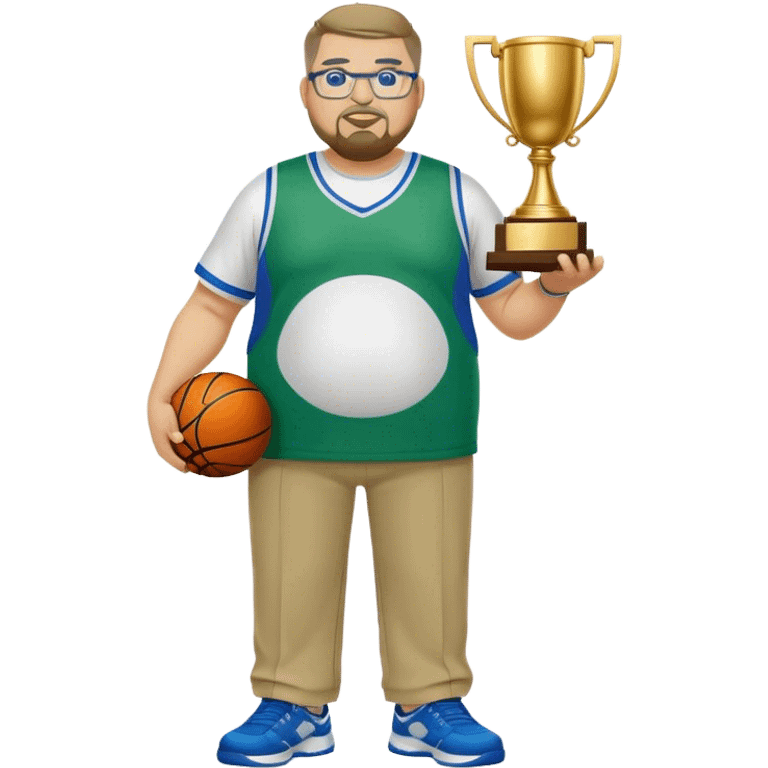 full body white obese male basketball coach with trophy. Goatee , Wearing glasses and blue and green polio with khaki pants emoji