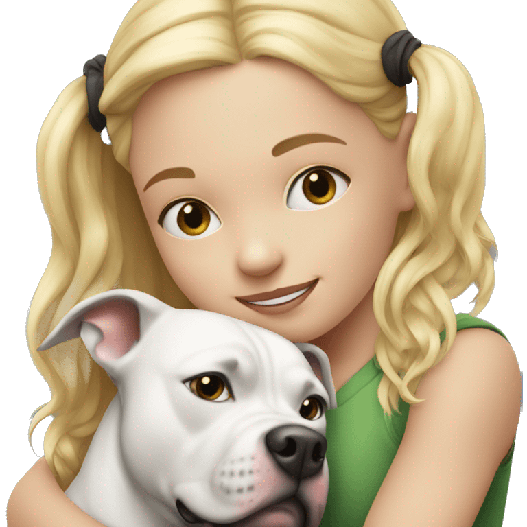 Blonde girl child hugging black and white pitbull emoji