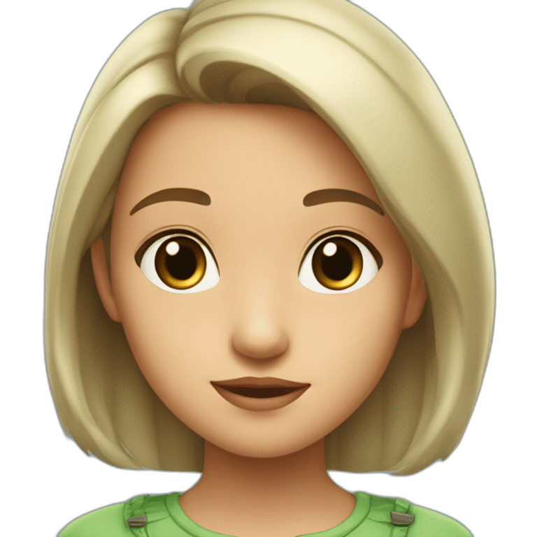 Niña castaña claro, ojos verdes con coleta y perro blanco estilo pixar emoji