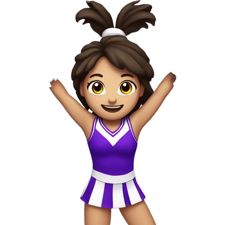 Caucasian cheerleader with dark brown hair, jumping and holding up two purple Pom poms emoji