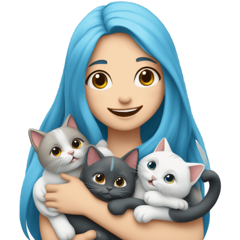 white skin girl with blue long hair hugging cats emoji