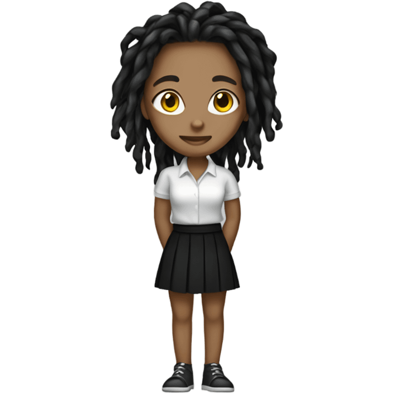 Tan girl with black locs dark white tied shirt black skirt full body emoji