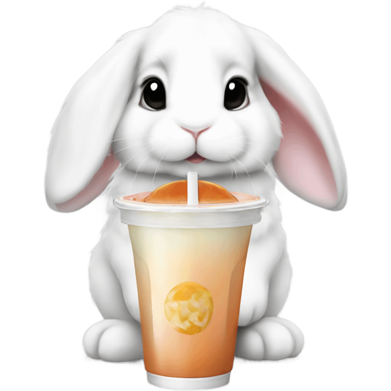 White mini lop rabbit drinking boba tea emoji