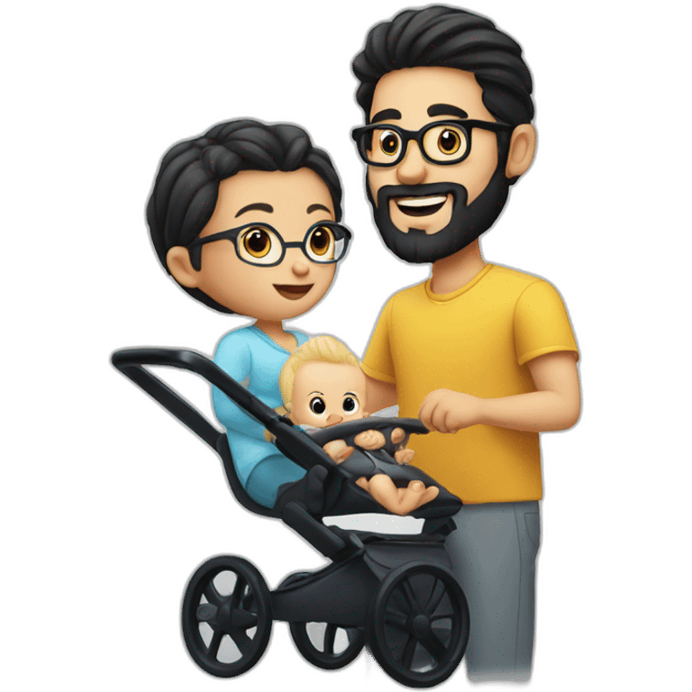 White man with Black hair,  beard and glasses pushing buggy with blonde baby emoji