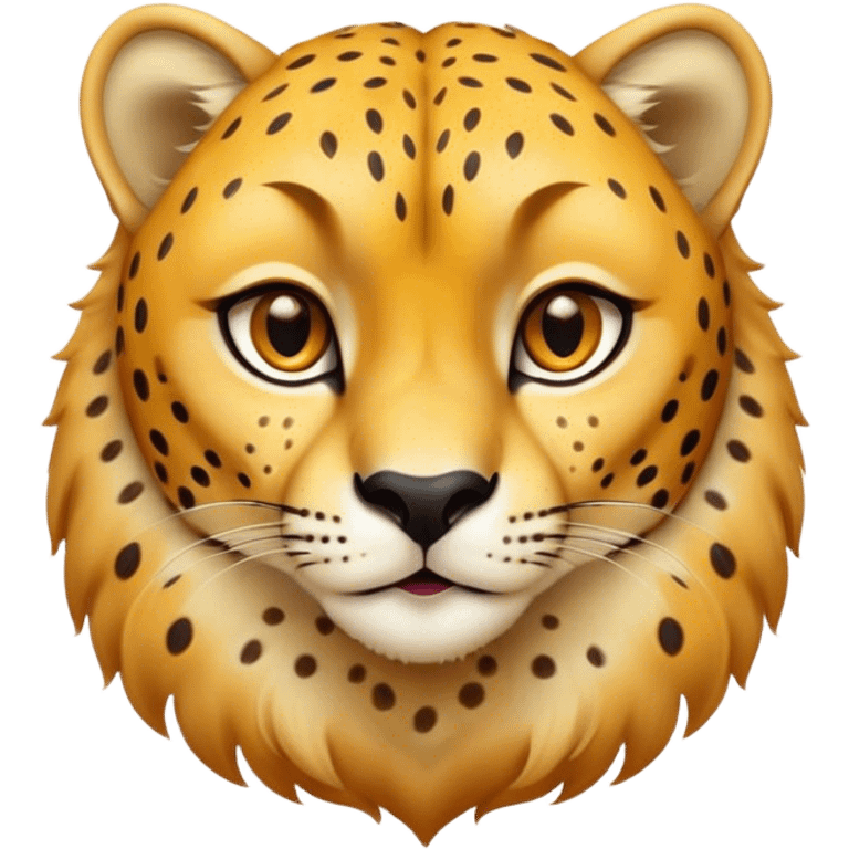 Cinematic Cute Cheetah Portrait Emoji, Head tilted playfully and inquisitively, featuring a glossy, golden spotted Fur with a natural sheen, round, sparkling amber eyes filled with curious mischief, Simplified yet irresistibly adorable features, highly detailed, glowing with a warm, friendly glow, high shine, affectionate and agile, stylized with a touch of savannah whimsy, bright and endearing, soft glowing outline, capturing the essence of a mischievous yet loving cheetah, so playful it feels like it could dash out of the screen and into your arms! emoji