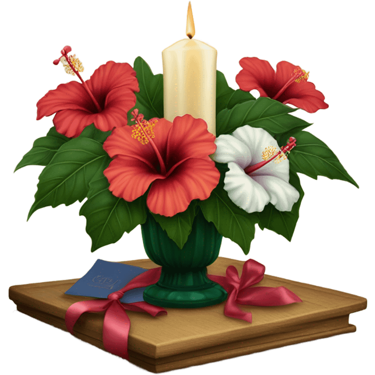 A vintage floral arrangement of hibiscus with a satin ribbon and a candlelit setting
 emoji