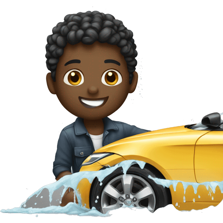 Boy washing black jaguar car emoji