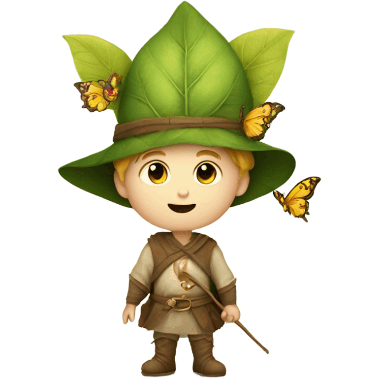 Medieval little whimsical little boy who is pale and he has a leaf hat and is riding a butterfly emoji