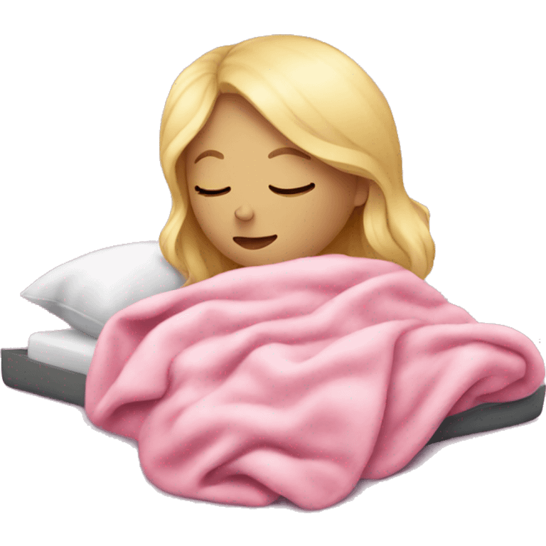 blonde girl sleeping on side with pink blanket emoji