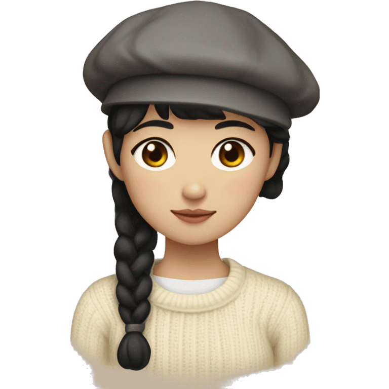 korean girl short black hair sharp jawline, wearing a cream sweater and beret emoji