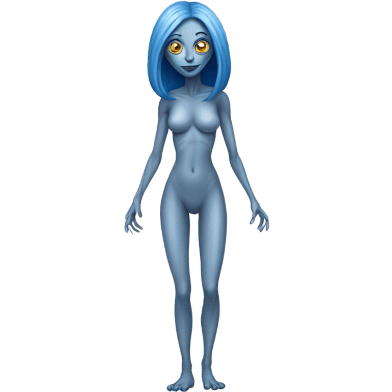 a grey alien woman full body,blue hair emoji