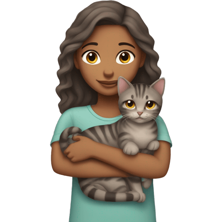 brownskin girl cuddling one gray tabby cat emoji