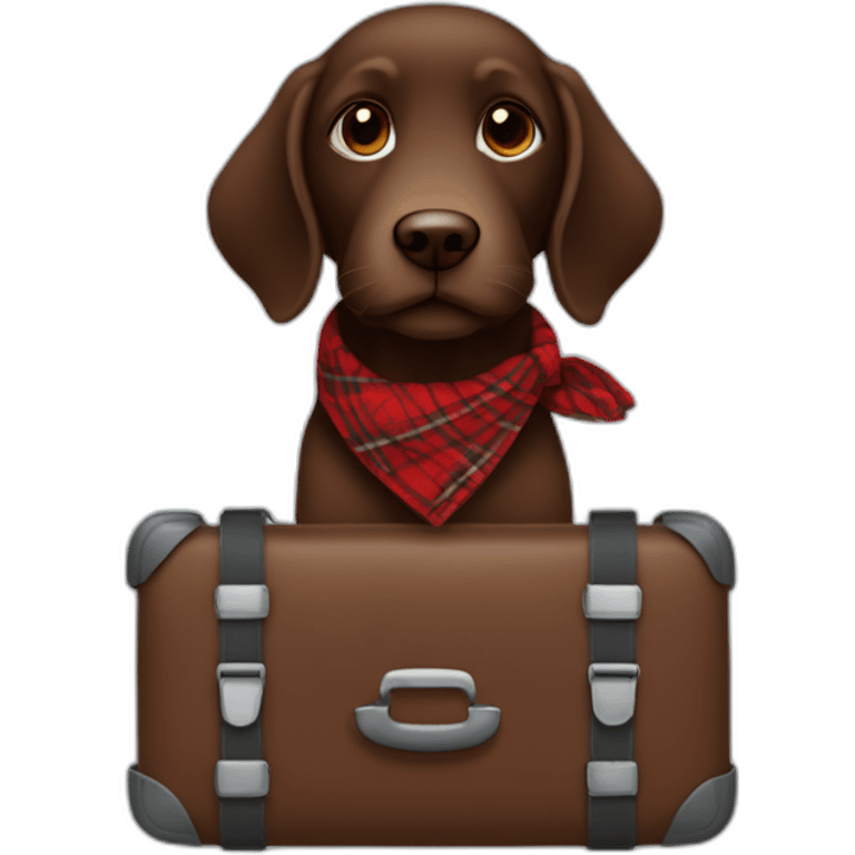 Chocolate colored doodle wearing a red and black flannel handkerchief with a carryon suitcase emoji