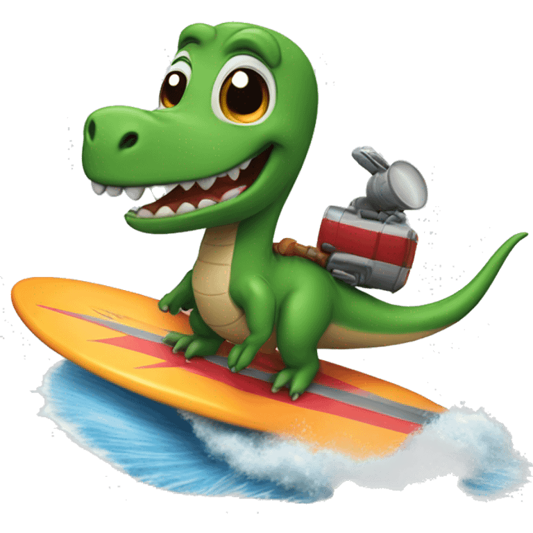 A flying dinosaur on a surf board holding a rocket launcher emoji