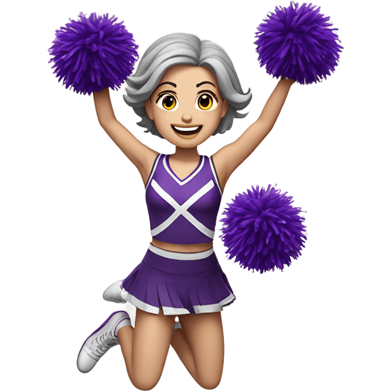 Caucasian gray hair cheerleader with dark brown hair, jumping and holding up two purple Pom poms, small full body emoji emoji