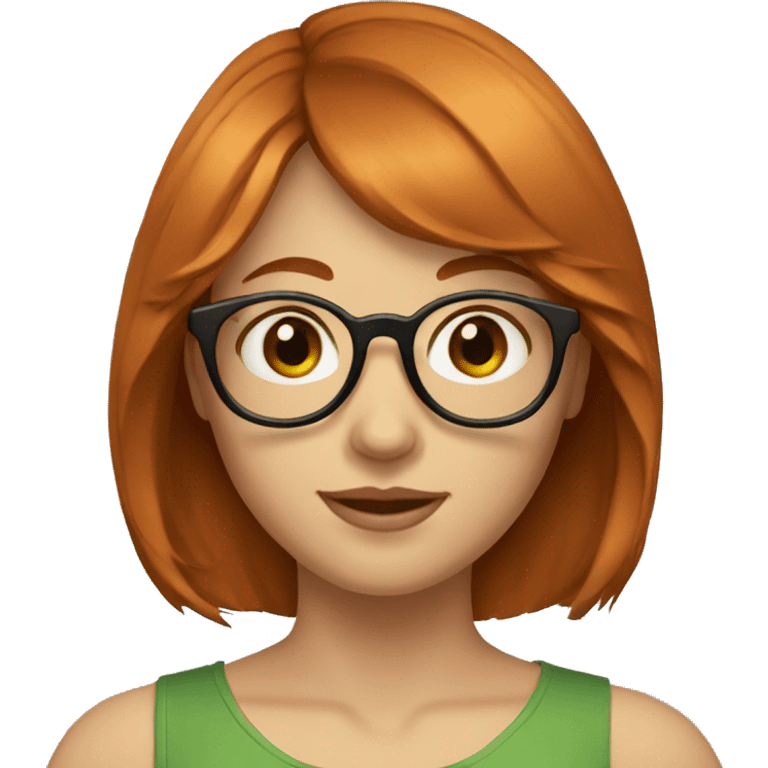 red haired woman with shoulder length hair and bangs and round brown glasses, light skin, green eyes emoji