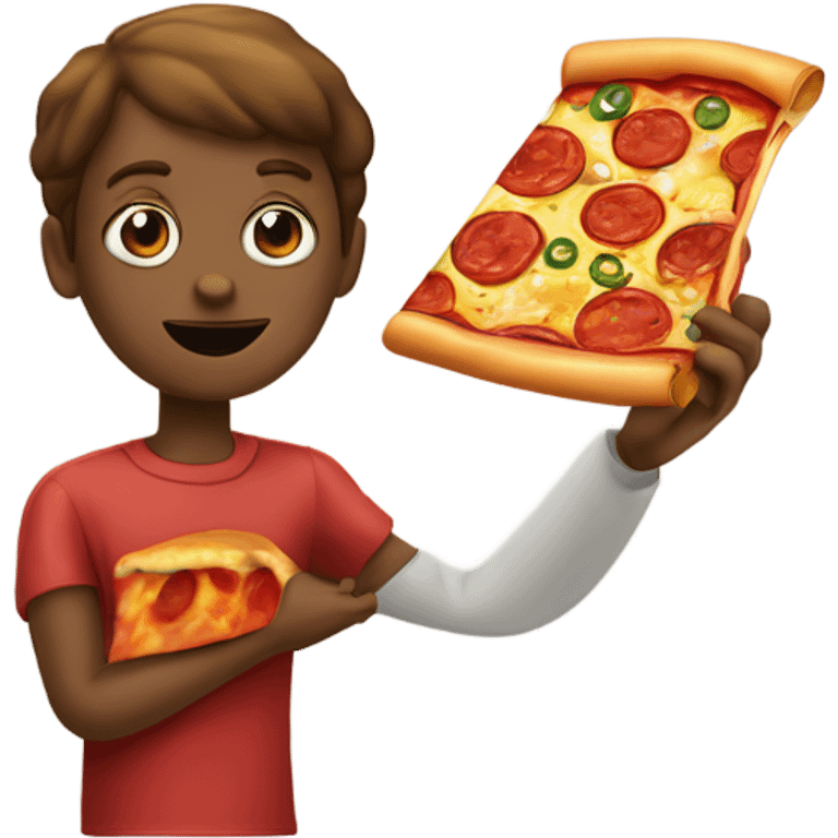 Una persona confundida con pizza de peperoni en una mano y en la otra una pizza de tocineta emoji