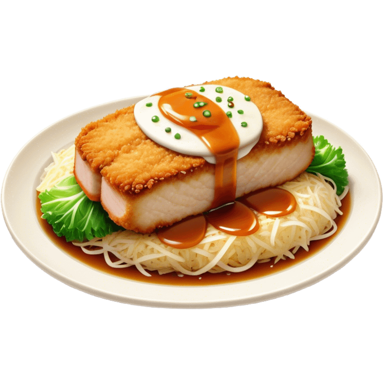 Cinematic Realistic Tonkatsu Dish Emoji, featuring a golden, breaded pork cutlet served with shredded cabbage rendered with rich textures and vibrant, dynamic lighting. emoji