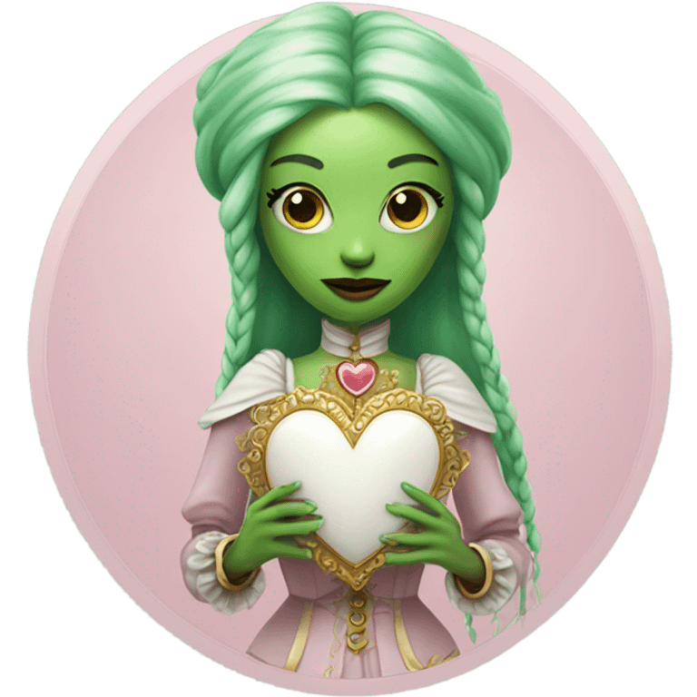 a green amazon alien woman in Victorian white gold, pink hair full body,holdig red big hearth emoji