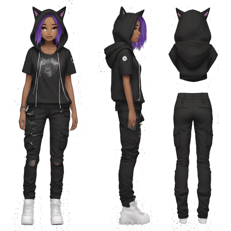 Edgy anthro beautiful pretty anime punk tomboy with cat ears techwear cargo pants hoodie emoji