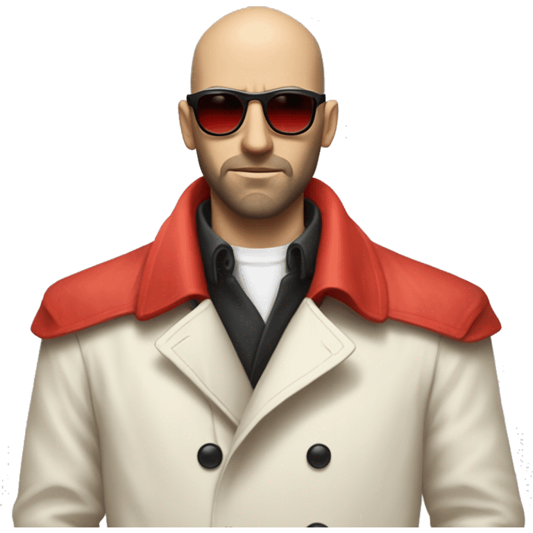 <excerpt>
A white man with real buzz cut Black hair, beard stubble donning small red tinted sun glasses in a dirty white trench coat, is serious.
</excerpt> emoji