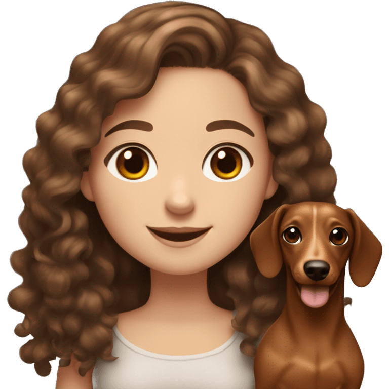 White girl long curly brown hair smiling and brown eyes with long eyelashes and holding a dachshund  in her arms emoji