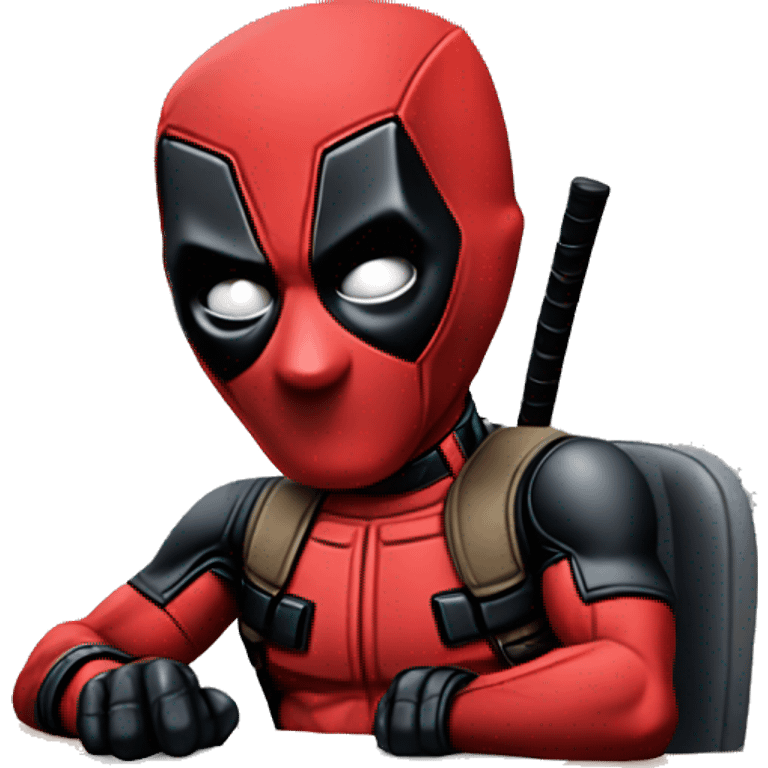 Cute Deadpool sitting at a desk, front view emoji